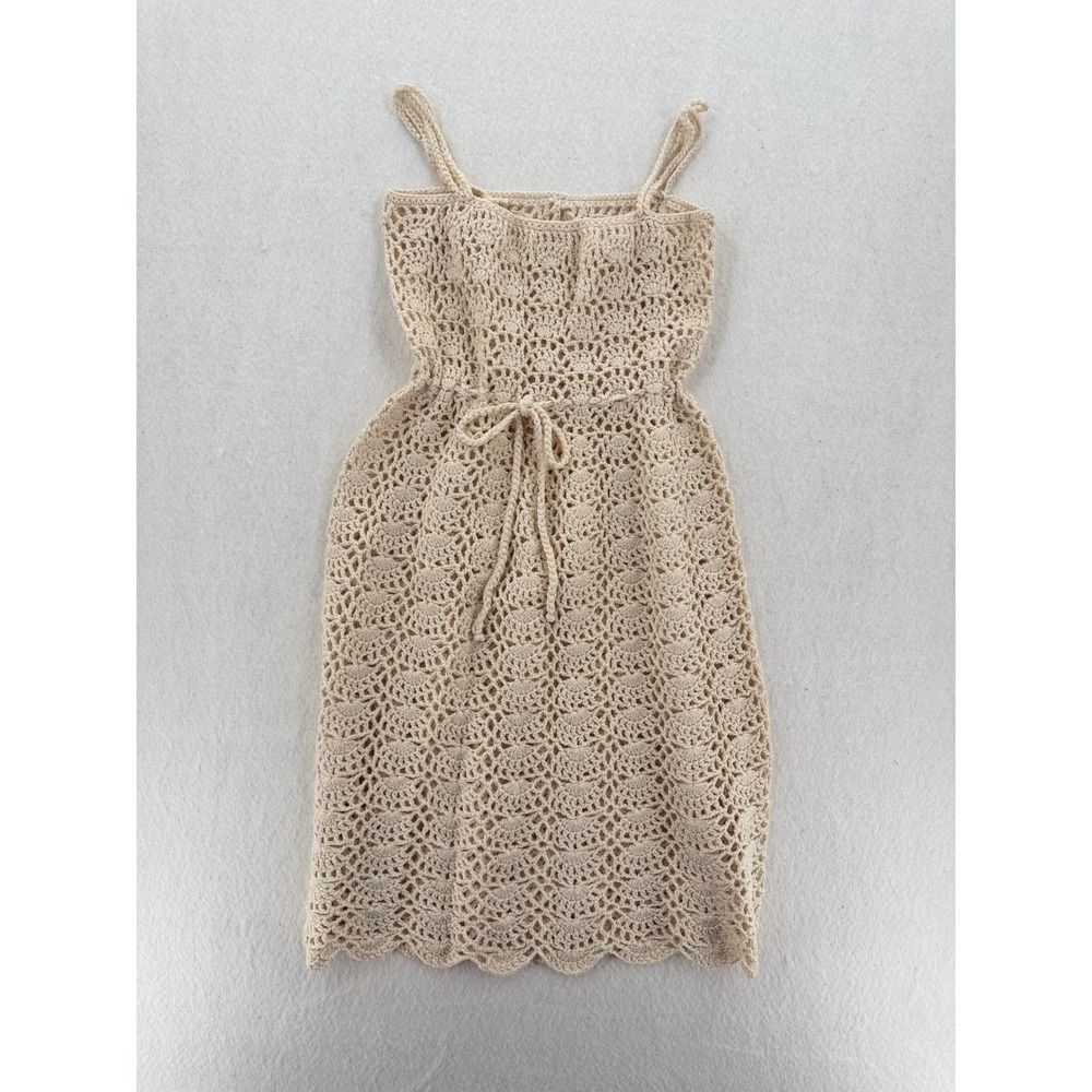 Vintage Handmade Crochet Babydoll Dress Cream Boho Sleeveless Drawstring Waist